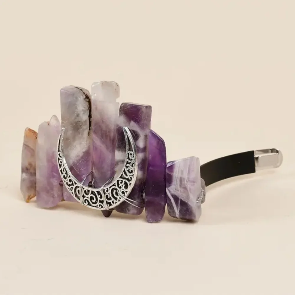 Natural Amethyst Hair Clip with Crescent Moon Design